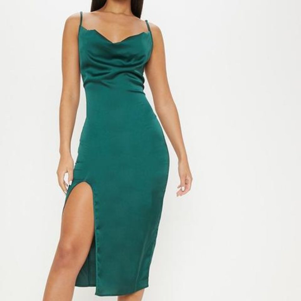 Emerald Green Strappy Satin Cowl Midi Dress US 2